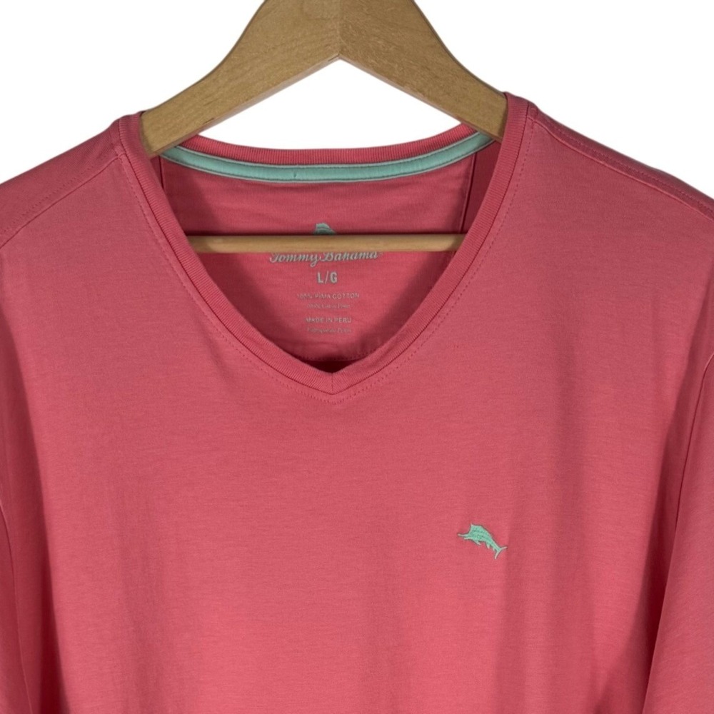Tommy Bahama Pima Cotton Tee Shirt Mens L Coral Pink V-Neck Marlin Logo